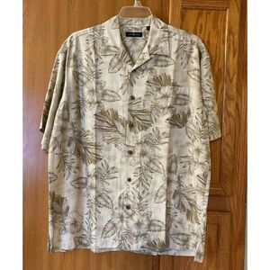 Cotton Traders Mens Hawaiian Shirt Yellow Gray Floral Short Sleeve Pocket L New